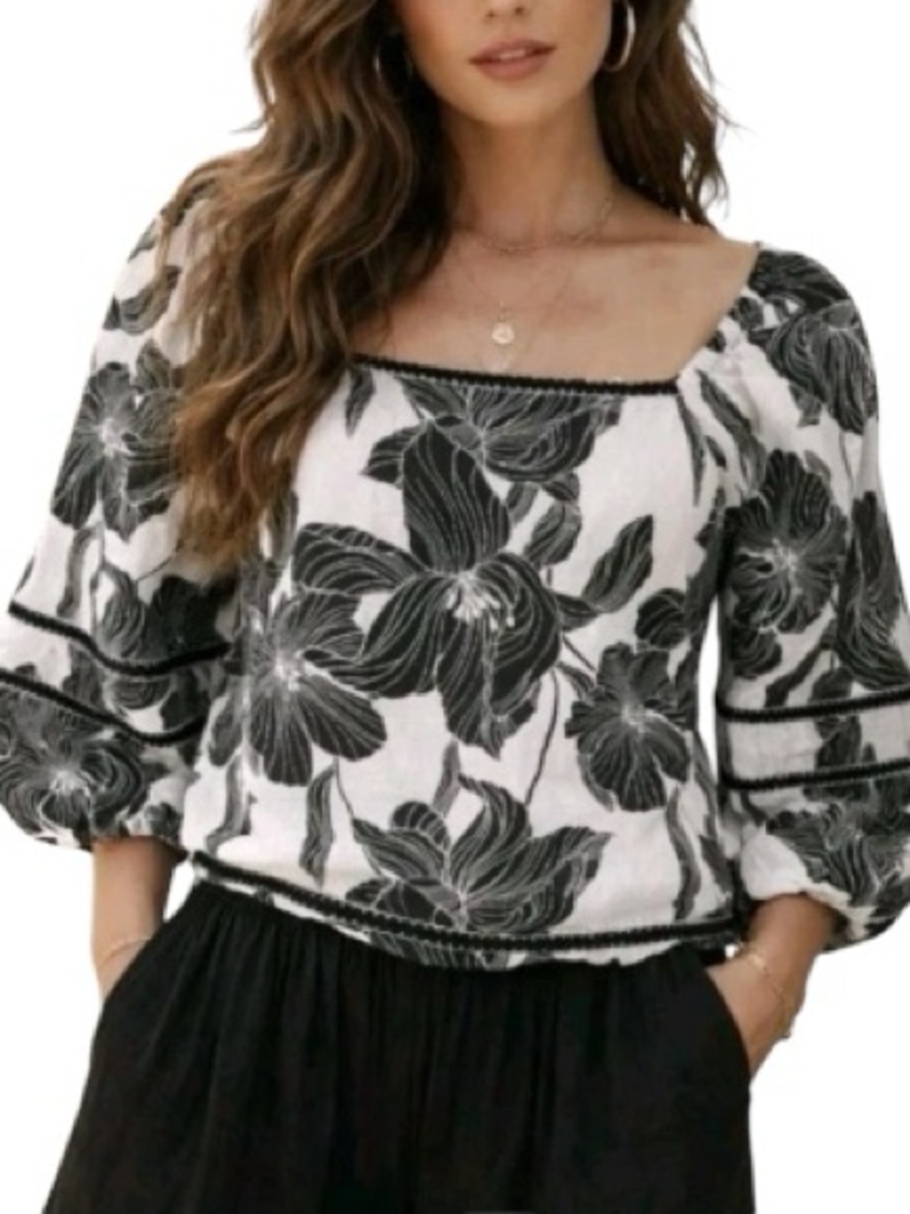 Tahari 100% Linen Floral Balloon Sleeve Square Neck Top Black White Size Large